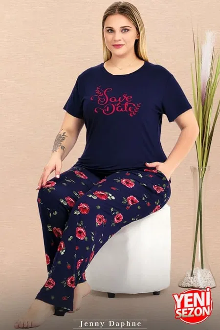 Çiçek Desenli Ekru Büyük Beden Pijama Takımı Lady 11025 - Lacivert