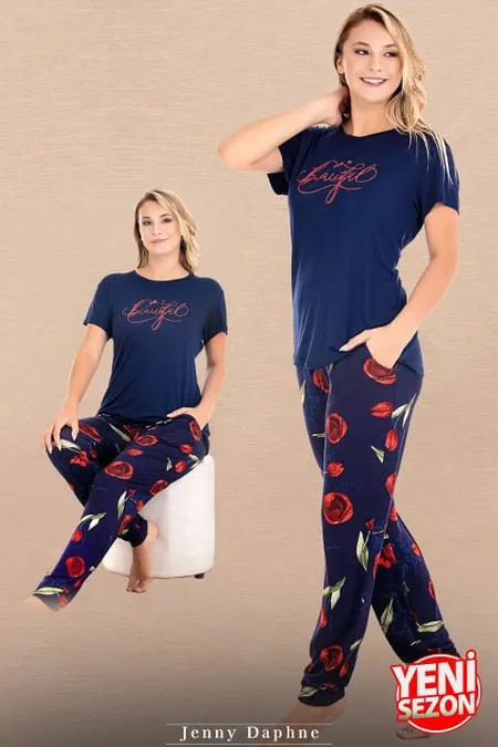 Çiçek Desenli Kısa Kollu Pijama Takımı Lady 12590 - Lacivert
