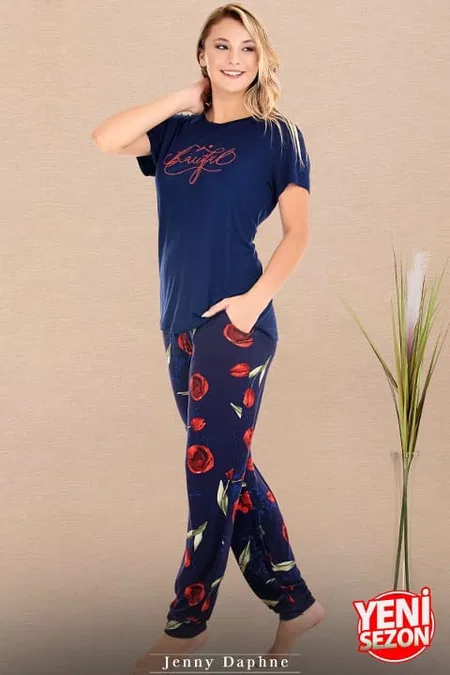 Çiçek Desenli Kısa Kollu Pijama Takımı Lady 12590 - Lacivert
