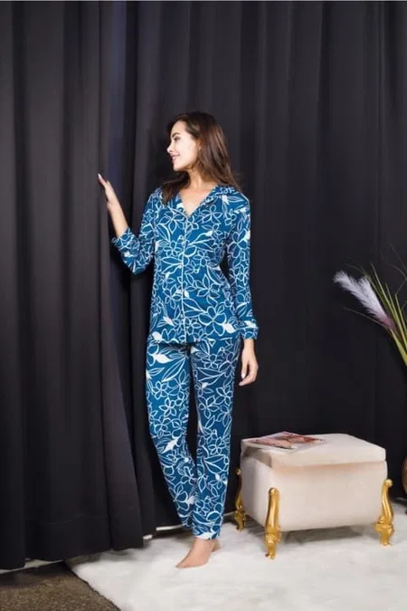 Çiçek Desenli Mavi Düğmeli Kadın Pijama Takımı İzabel 4002 - Mavi