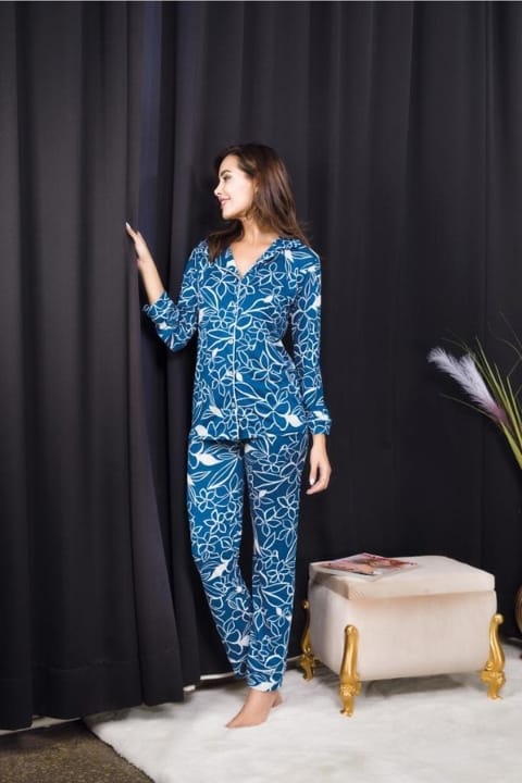 Çiçek Desenli Mavi Düğmeli Kadın Pijama Takımı İzabel 4002 - Mavi