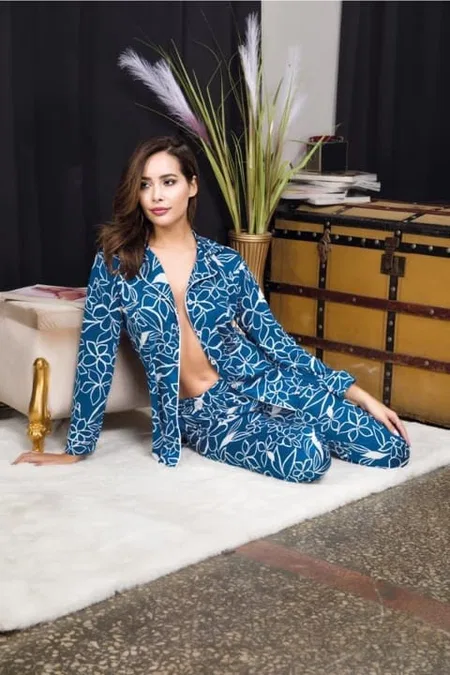 Çiçek Desenli Mavi Düğmeli Kadın Pijama Takımı İzabel 4002 - Mavi