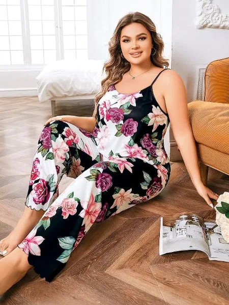 Çiçek Desenli Pamuklu Pijama Takımı Büyük Beden Pink Night 6914