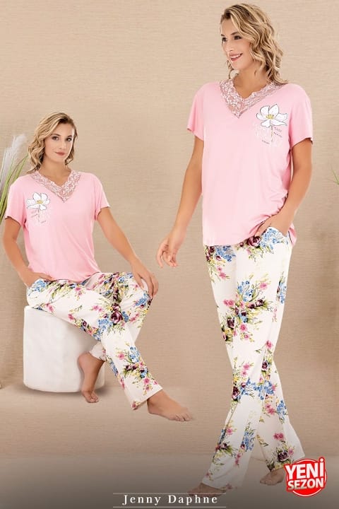 Lady Çiçek Desenli Dantel Yaka Kısa Kol Pijama Takımı Lady 12596