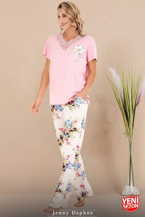 Çiçek Desenli Dantel Yaka Kısa Kol Pijama Takımı Lady 12596 - 2