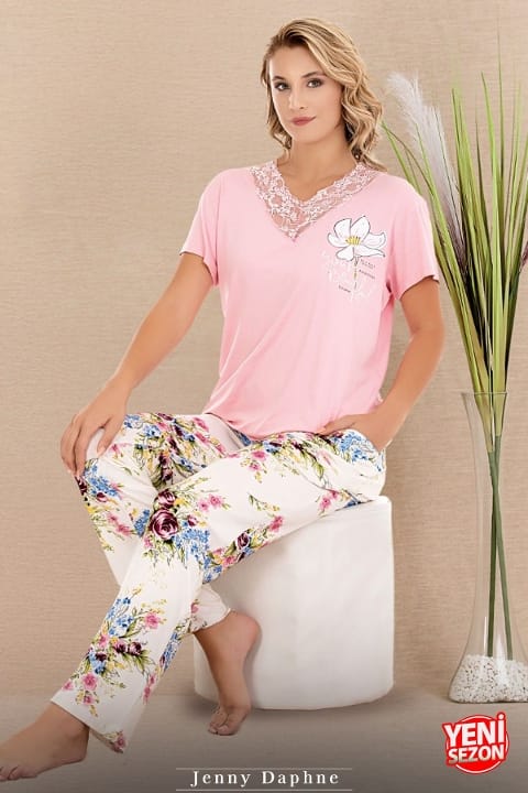 Lady Çiçek Desenli Dantel Yaka Kısa Kol Pijama Takımı Lady 12596 - Görsel 4