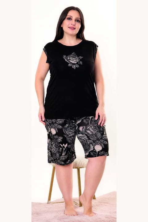 Çiçek Desenli Sıfır Kollu Rahat Şortlu Pijama Takımı Lady 10404 - Siyah