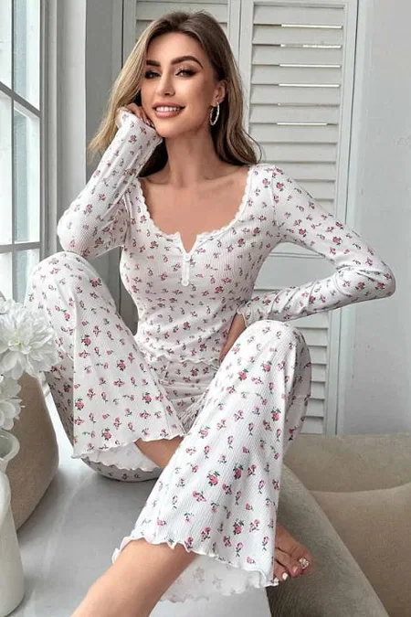 Çiçek Desenli Uzun Kollu Pijama Takımı Merry See MS4083 Beyaz - Beyaz