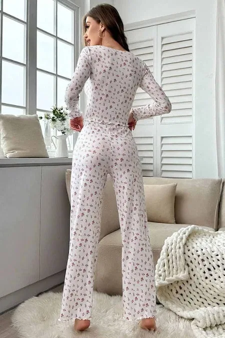 Çiçek Desenli Uzun Kollu Pijama Takımı Merry See MS4083 Beyaz - Beyaz