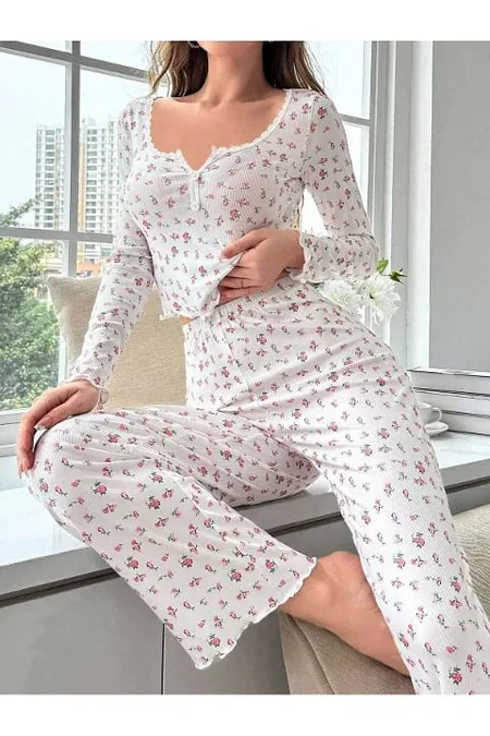 Çiçek Desenli Uzun Kollu Pijama Takımı Merry See MS4083 Beyaz - Beyaz