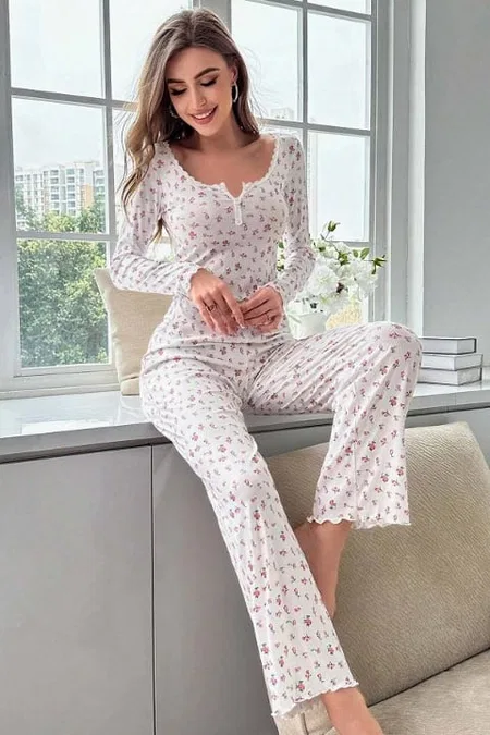Çiçek Desenli Uzun Kollu Pijama Takımı Merry See MS4083 Beyaz - Beyaz