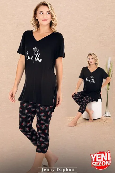 Çiçek Desenli V Yaka Kapri Pijama Takımı Lady 12081