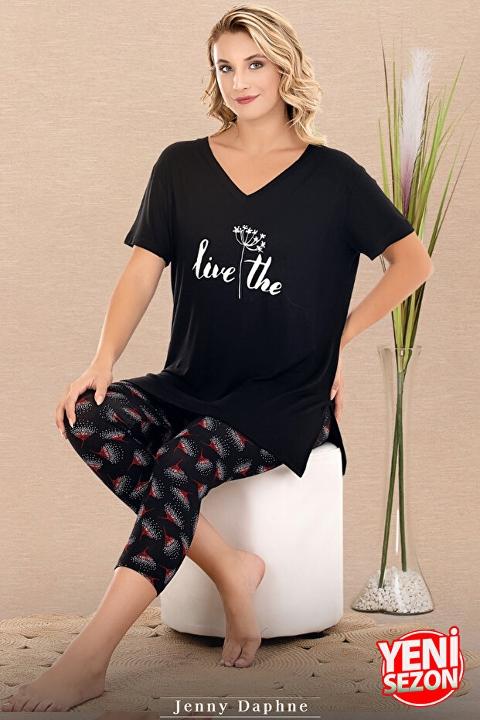 Çiçek Desenli V Yaka Kapri Pijama Takımı Lady 12081 - Siyah