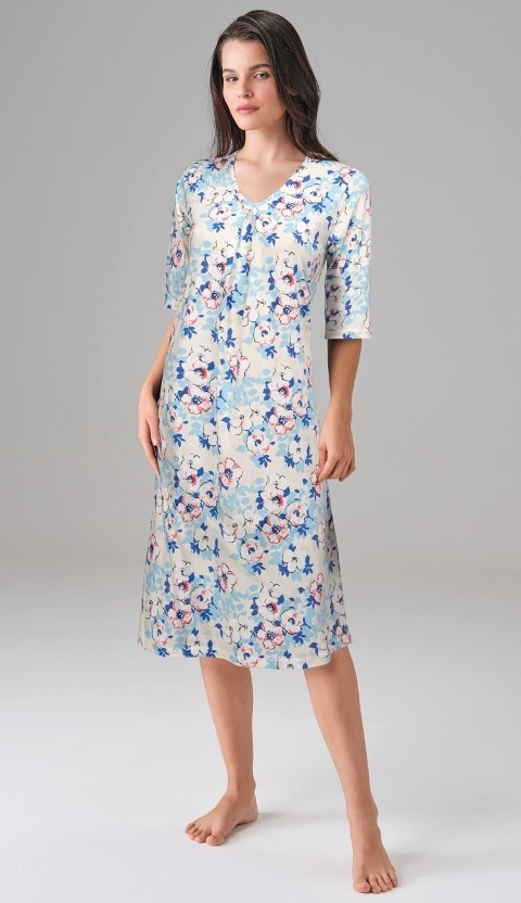 Çiçek Desenli Yarım Kollu Midi Boy Elbise Doreanse 4321 - Mavi