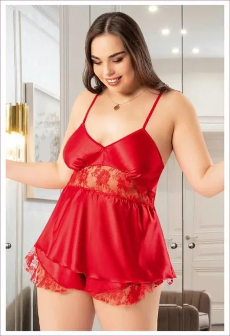 Büyük Beden İnce Askılı Saten Şort Pijama Takımı Miss Laris 4247 - 2
