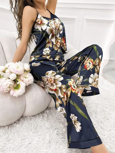 Çiçekli Askılı Lacivert Bluz Pantolon Takım Pink Night 1409