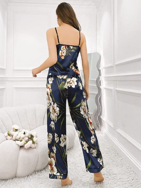 Çiçekli Askılı Lacivert Bluz Pantolon Takım Pink Night 1409 - Lacivert