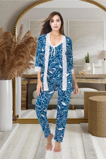 Çiçekli Dantel Detaylı Sabahlık Pijama Takımı İzabel 5001 - Mavi