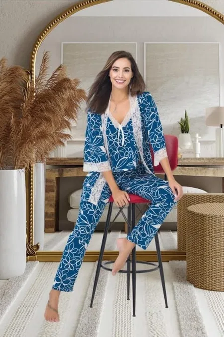 Çiçekli Dantel Detaylı Sabahlık Pijama Takımı İzabel 5001 - Mavi
