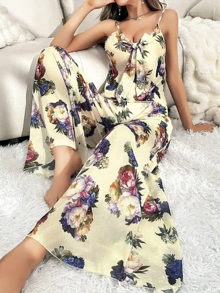 Çiçekli Desenli Sarı Askılı Bluz Pantolon Takım Pink Night 1451