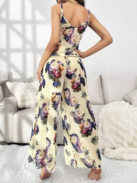 Çiçekli Desenli Sarı Askılı Bluz Pantolon Takım Pink Night 1451 - 2