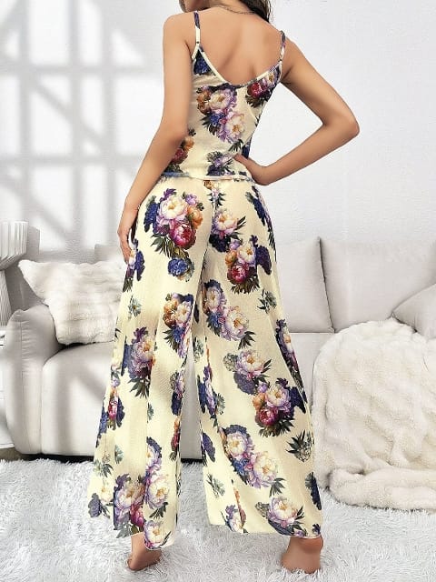 Çiçekli Desenli Sarı Askılı Bluz Pantolon Takım Pink Night 1451 - 2