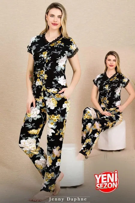 Çiçekli Kısa Kollu Pijama Takımı Lady 12498 - Siyah