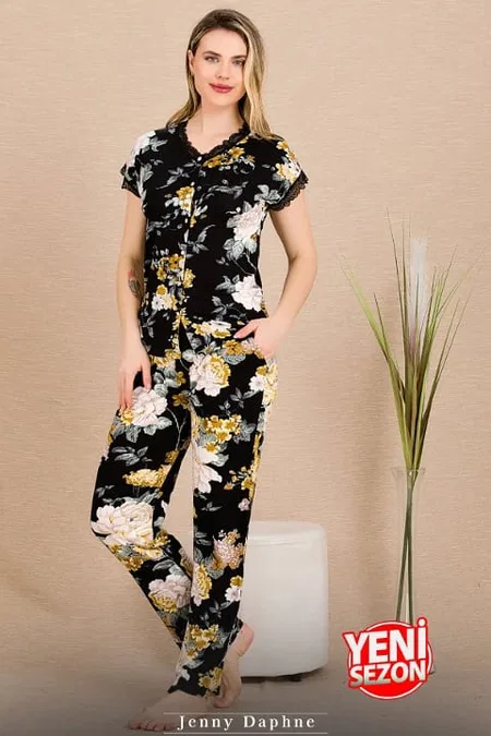 Çiçekli Kısa Kollu Pijama Takımı Lady 12498 - Siyah