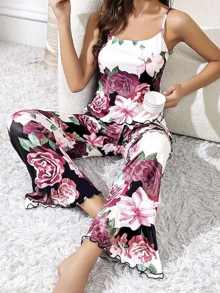 Çiçekli Desen Siyah Askılı Bluz Pantolon Takım Pink Night 1414