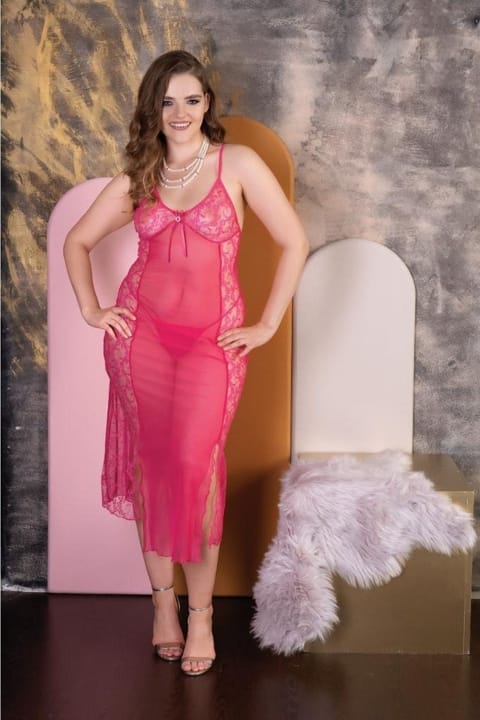 Çift Yırtmaçlı Uzun Büyük Beden Gecelik Takımı İzabel 5006 - Fuşya