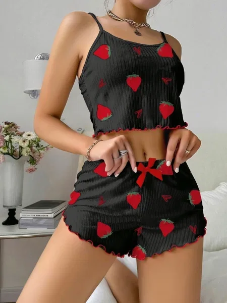 Fitilli İnce Askılı Şort Pijama Takımı Çilek Baskılı Lily Bianca 13101 - Siyah