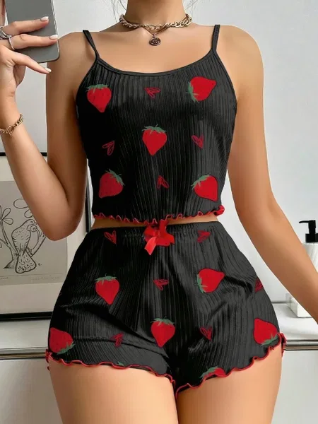 Fitilli İnce Askılı Şort Pijama Takımı Çilek Baskılı Lily Bianca 13101 - Siyah