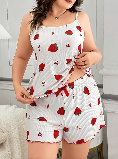 Çilek Desenli Yumuşak Askılı Şort Takım Lily Bianca 13040 - Beyaz