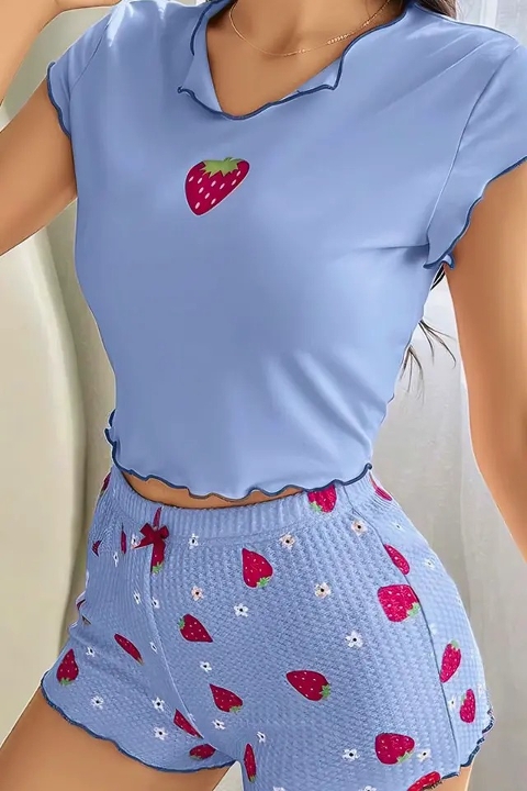 Çilek Desenli Mavi Şort Takım Ruselin 5005 - Mavi