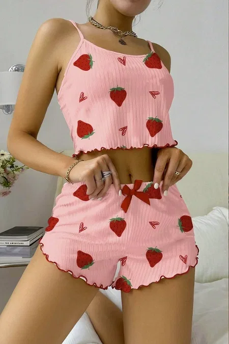 Çilek Desenli Kadın Şortlu Pijama Takımı Ruselin 5056 - Pembe