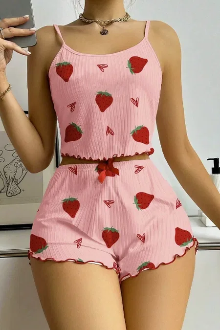 Çilek Desenli Kadın Şortlu Pijama Takımı Ruselin 5056 - Pembe