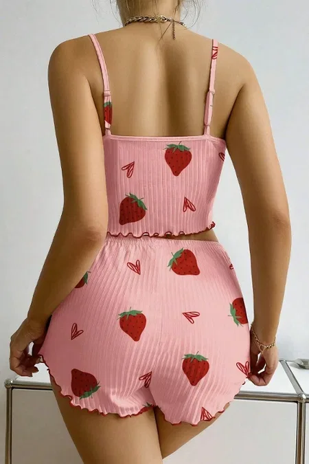 Çilek Desenli Kadın Şortlu Pijama Takımı Ruselin 5056 - Pembe