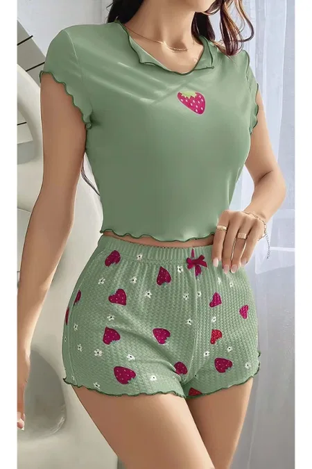 Ruselin Çilek Desenli Yeşil Şort Takım Kadın Pijama Takımı Ruselin 5004