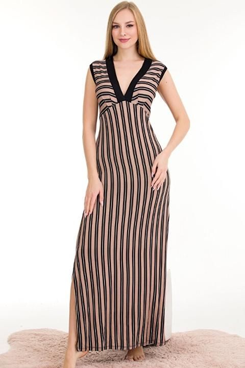 Çizgi Desenli Uzun Elbise NBB 7030 - Somon