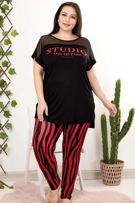 Çizgili Dantel Detaylı Kısa Kollu Pijama Takımı Lady 10957 - Siyah