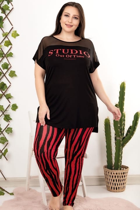 Çizgili Dantel Detaylı Kısa Kollu Pijama Takımı Lady 10957 - Siyah