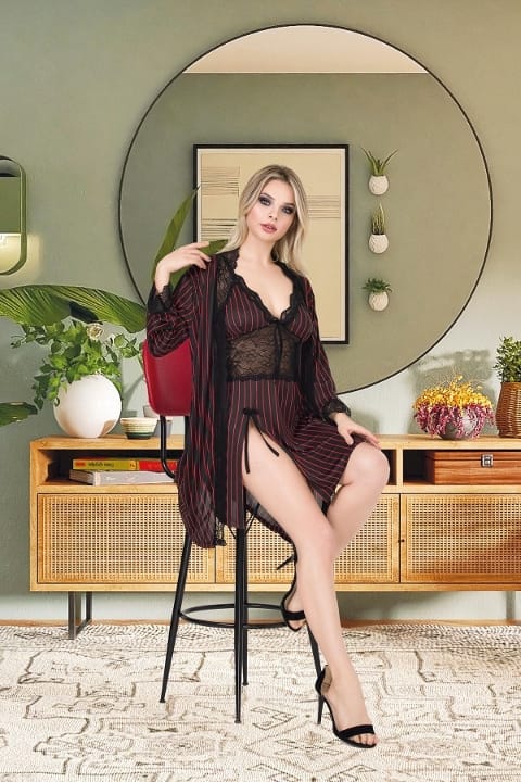 İzabel Çizgili Dantelli Kısa Sabahlık Gecelik Takımı İzabel 7009 - Görsel 2