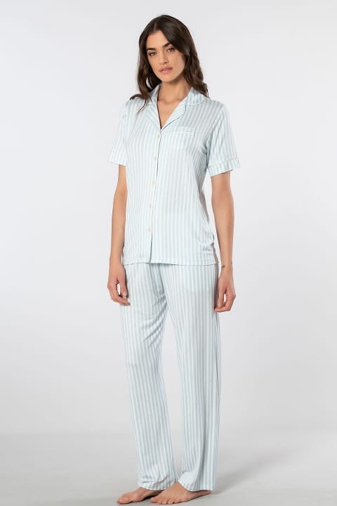 Çizgili Kısa Kollu Gömlek Yaka Pijama Takımı Türen 3355 - Mavi