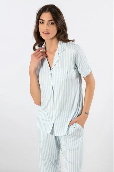 Çizgili Kısa Kollu Gömlek Yaka Pijama Takımı Türen 3355 - Mavi