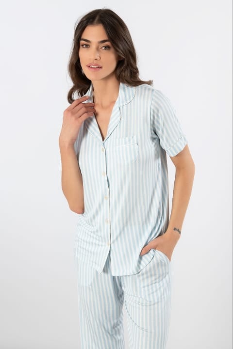 Çizgili Kısa Kollu Gömlek Yaka Pijama Takımı Türen 3355 - Mavi