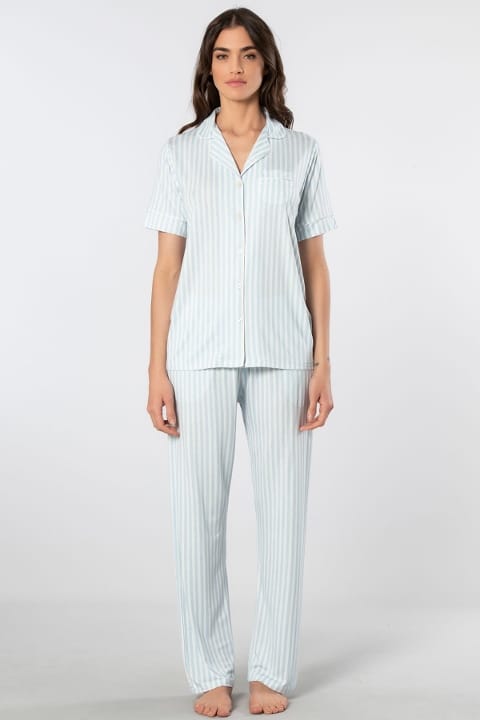 Çizgili Kısa Kollu Gömlek Yaka Pijama Takımı Türen 3355 - Mavi