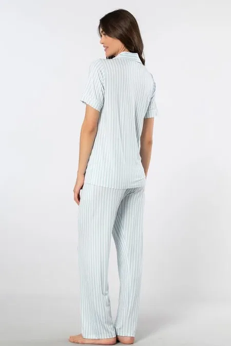 Çizgili Kısa Kollu Gömlek Yaka Pijama Takımı Türen 3355 - Mavi