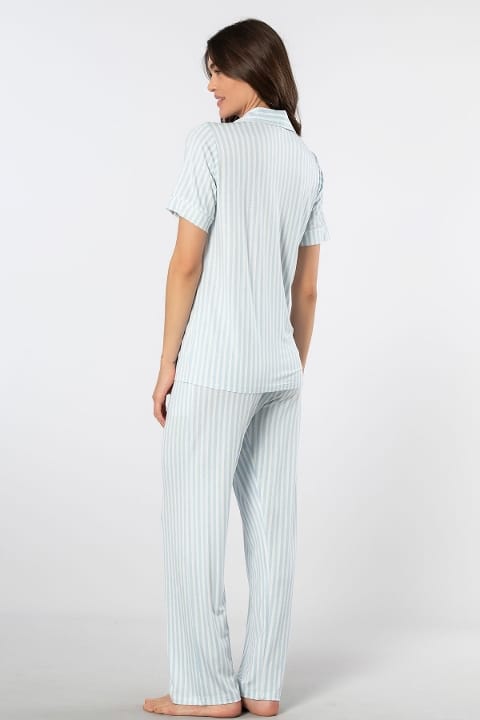 Çizgili Kısa Kollu Gömlek Yaka Pijama Takımı Türen 3355 - Mavi