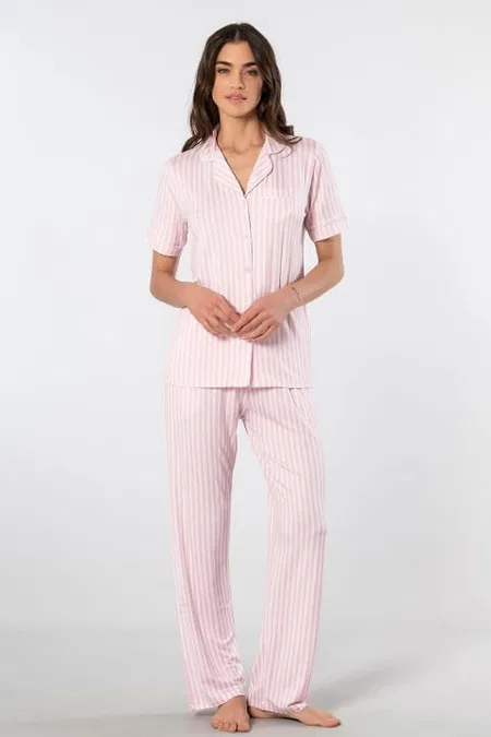 Çizgili Kısa Kollu Pijama Takımı Türen 3355 - Pembe