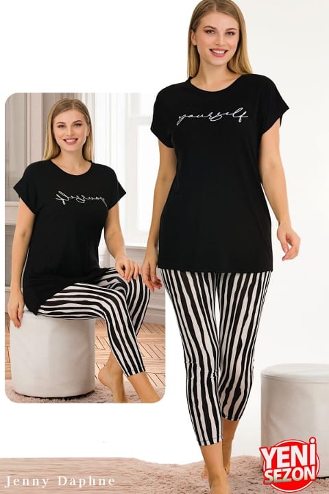 Çizgili Kapri Pijama Takımı Kadın Lady 12054